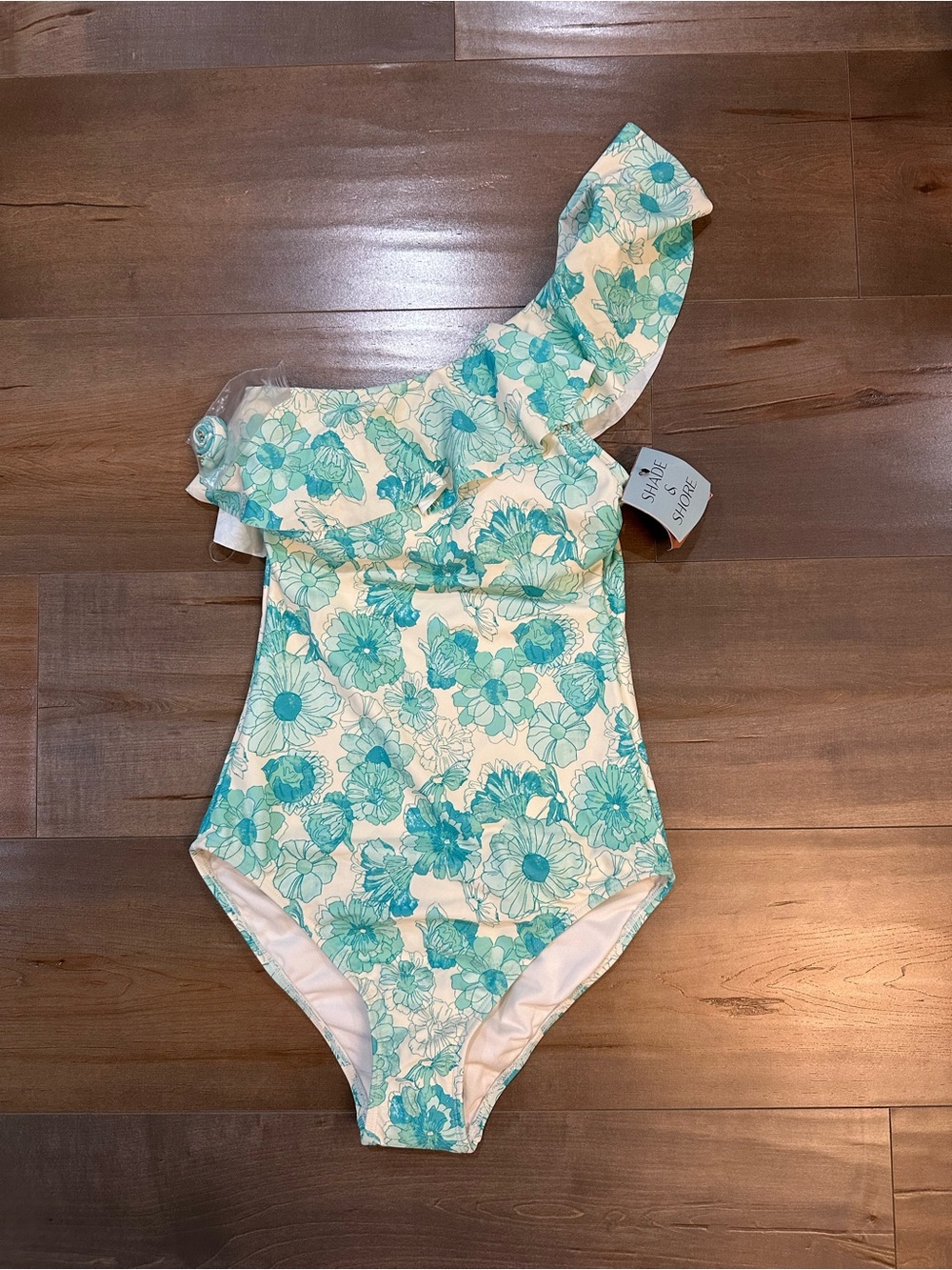 Shade & Shore Teal Floral One-Shoulder Ruffle Swimsuit